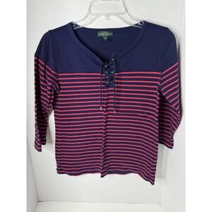 Lauren Jeans Co. Women's Striped Lace-Up 3/4 Sleeve Top, Red & Blue, Medium